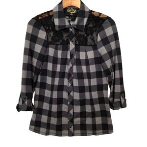 Jet Set Western Top Plaid Snap Shirt Black Gray‎ Lace Panels Juniors Sz L